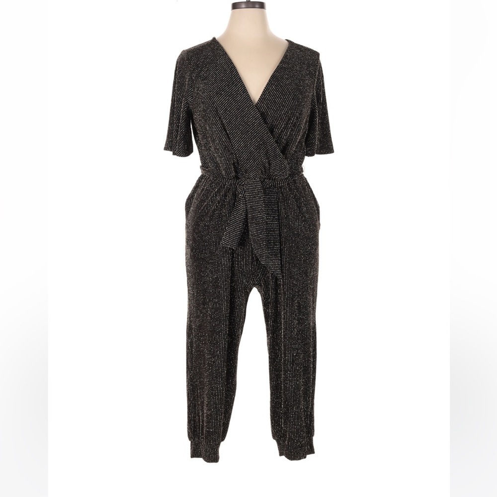 NWT Torrid Black Gold Shimmer Jumpsuit 1X Surplice Wide Leg Evening Formal - Picture 2 of 5